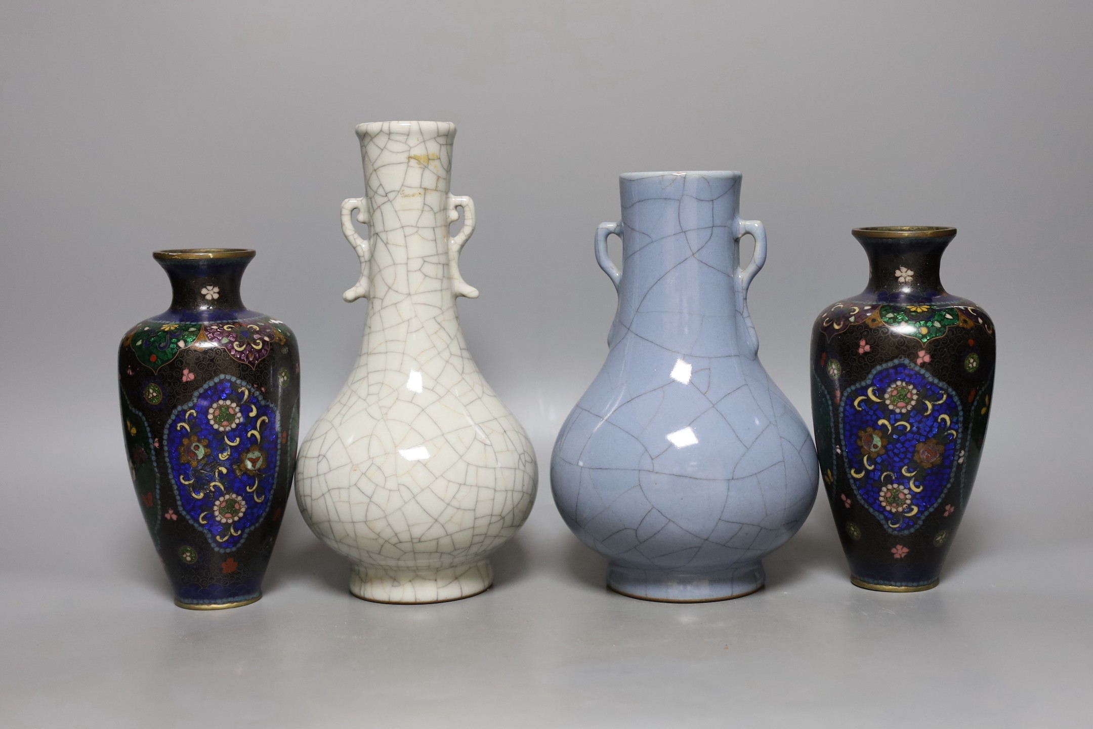 Two Chinese crackle glaze vases together with two Japanese cloisonné enamel vases (4) - tallest 24.5cm